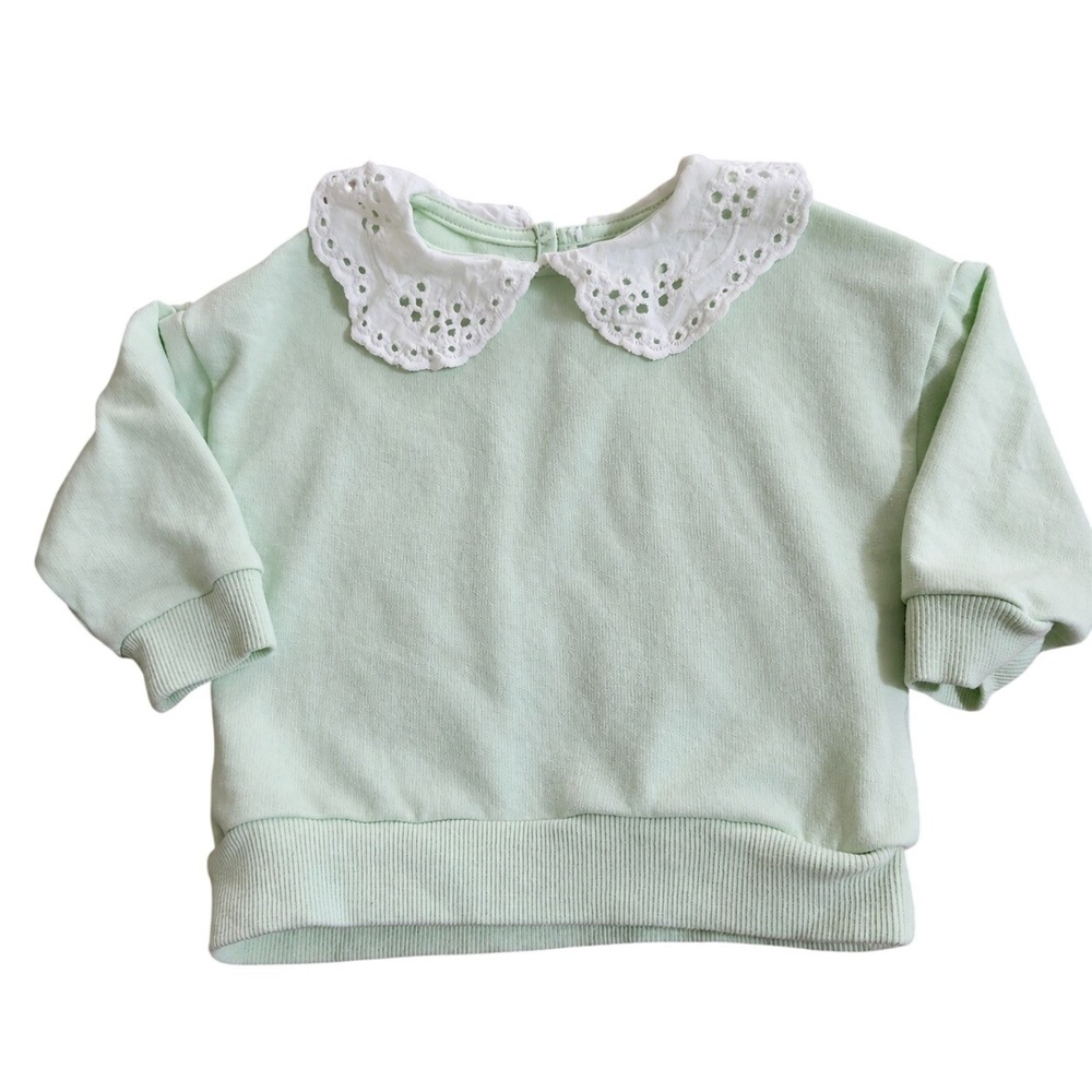 PL Baby 12M Mint Green Eyelet Lace Peter Pan Collar Sweatshirt Pullover Top